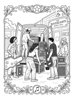 Free printable Rock Band Loading The Tour Van coloring page