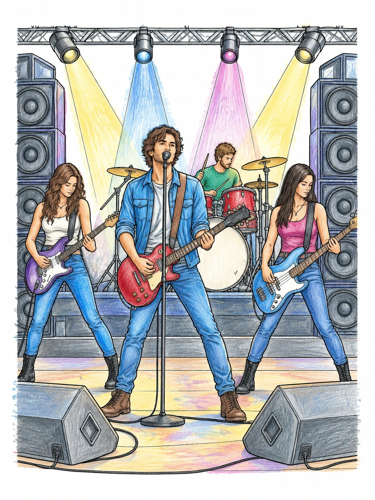 Colored example of the Rock Band Performing Live On Stage coloring page
