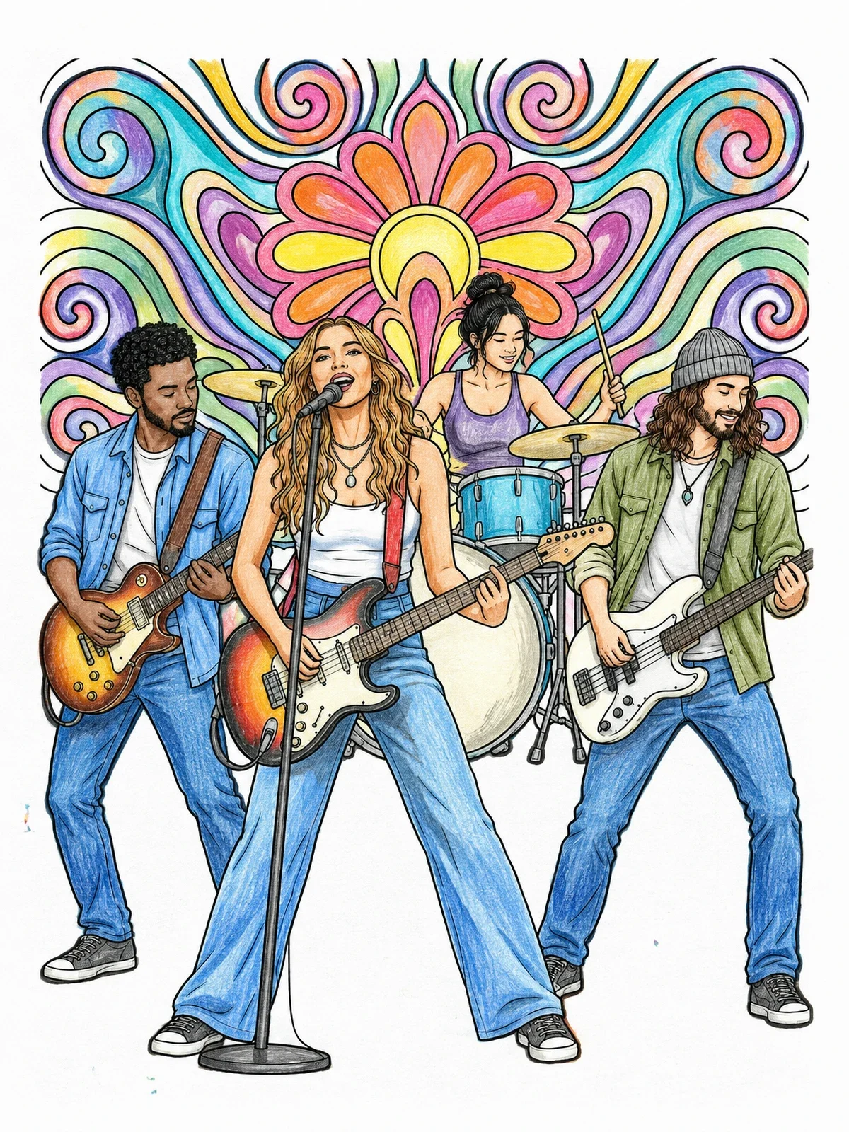 Colored example of the Rock Band On Psychedelic Stage coloring page