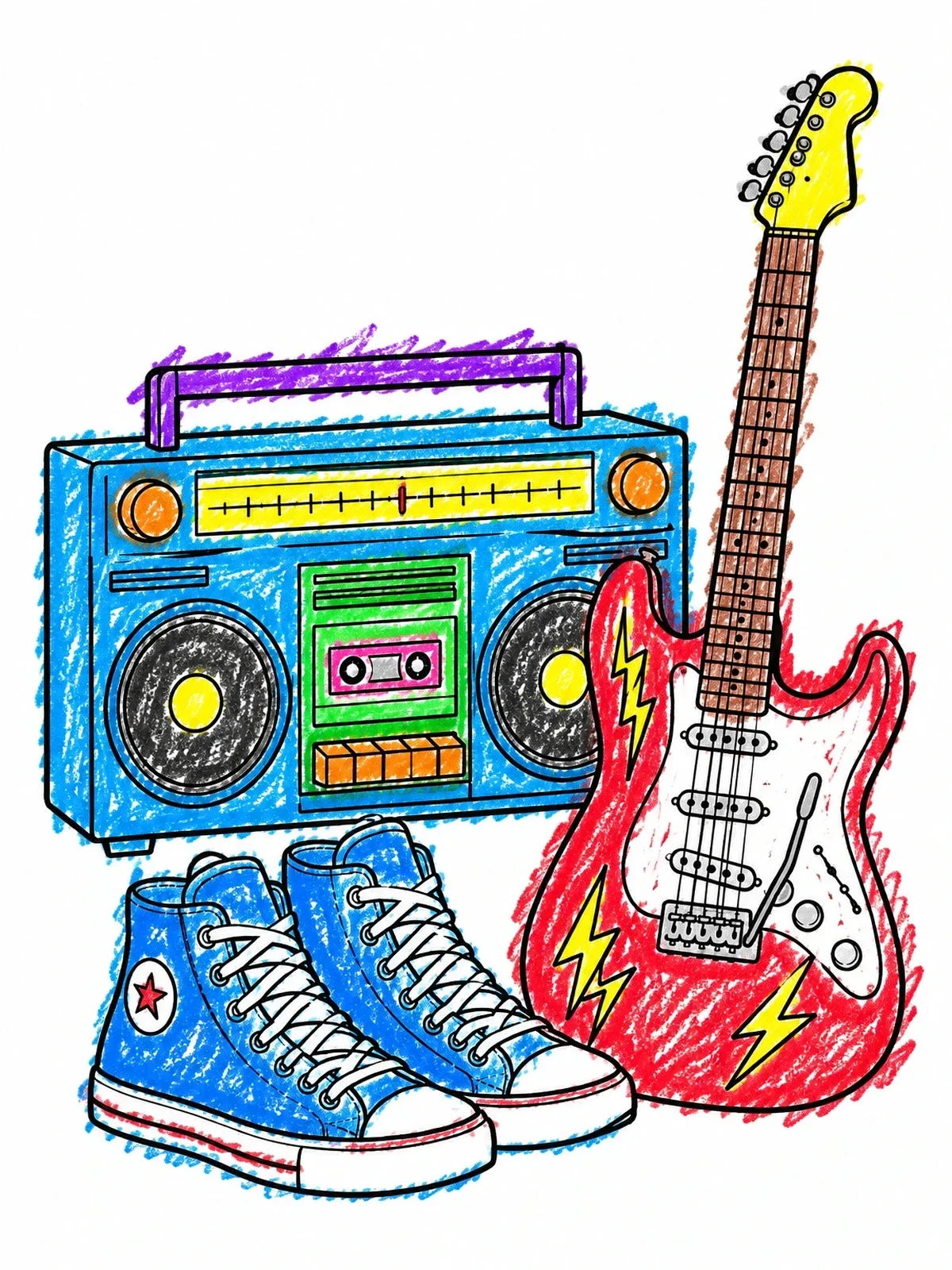 Colored example of the Rock Boombox, Sneakers, And Electric Guitar coloring page