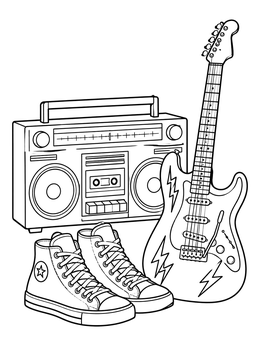 Classic boombox, canvas high-tops, and electric guitar in a rock and roll coloring page.