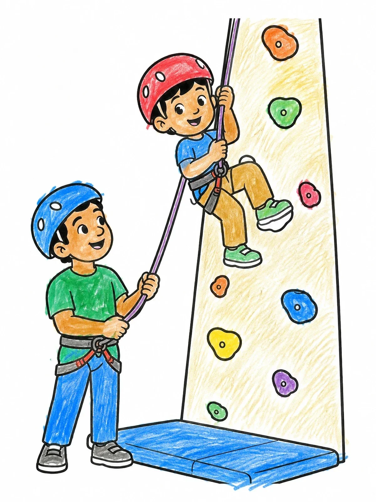 Colored example of the Boy Climbing With Belayer At Gym coloring page