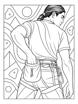 A rock climbing coloring page showing an adult climber dipping their hand into a chalk bag.