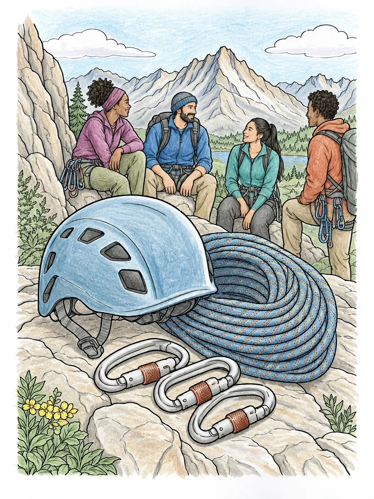 Colored example of the Climbing Gear And Mountaineering Friends coloring page