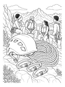 A rock climbing coloring page with climbing gear in the foreground and climbers resting on a mountain ridge.