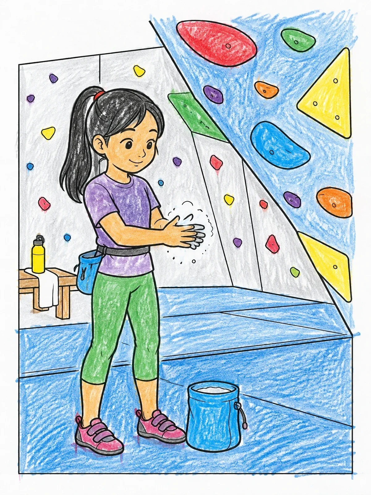 Colored example of the Young Climber Chalking Her Hands coloring page