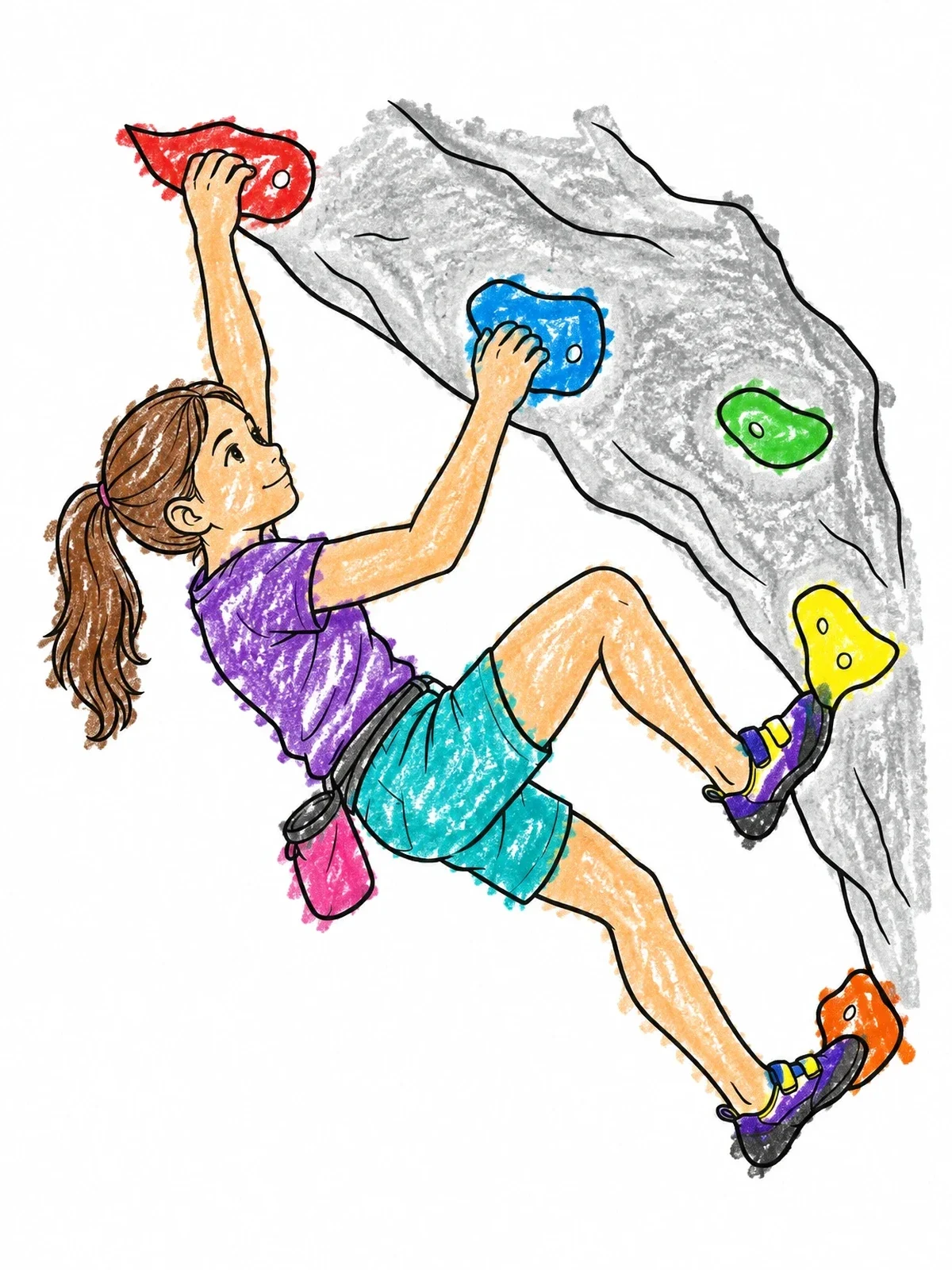 Colored example of the Young Girl Climbing Overhang Wall coloring page