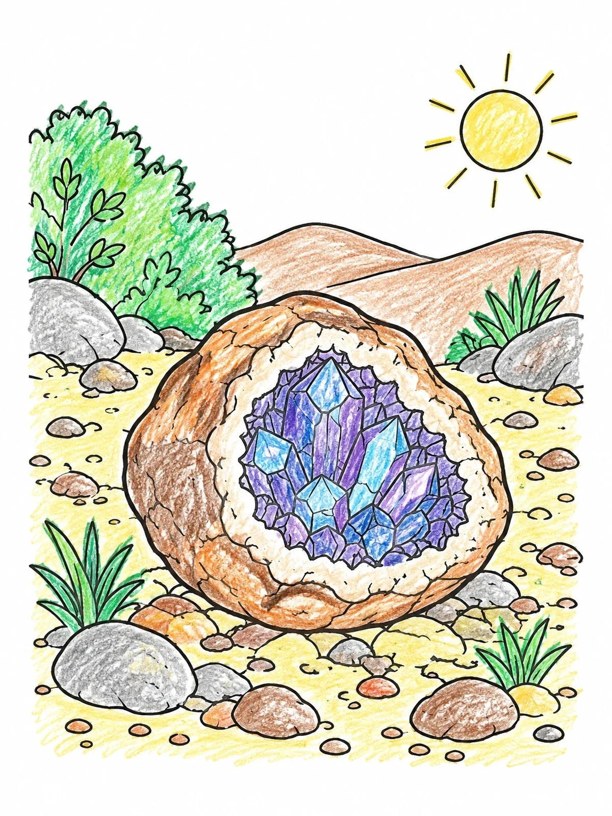 Colored example of the Crystal Geode In The Desert Sun coloring page