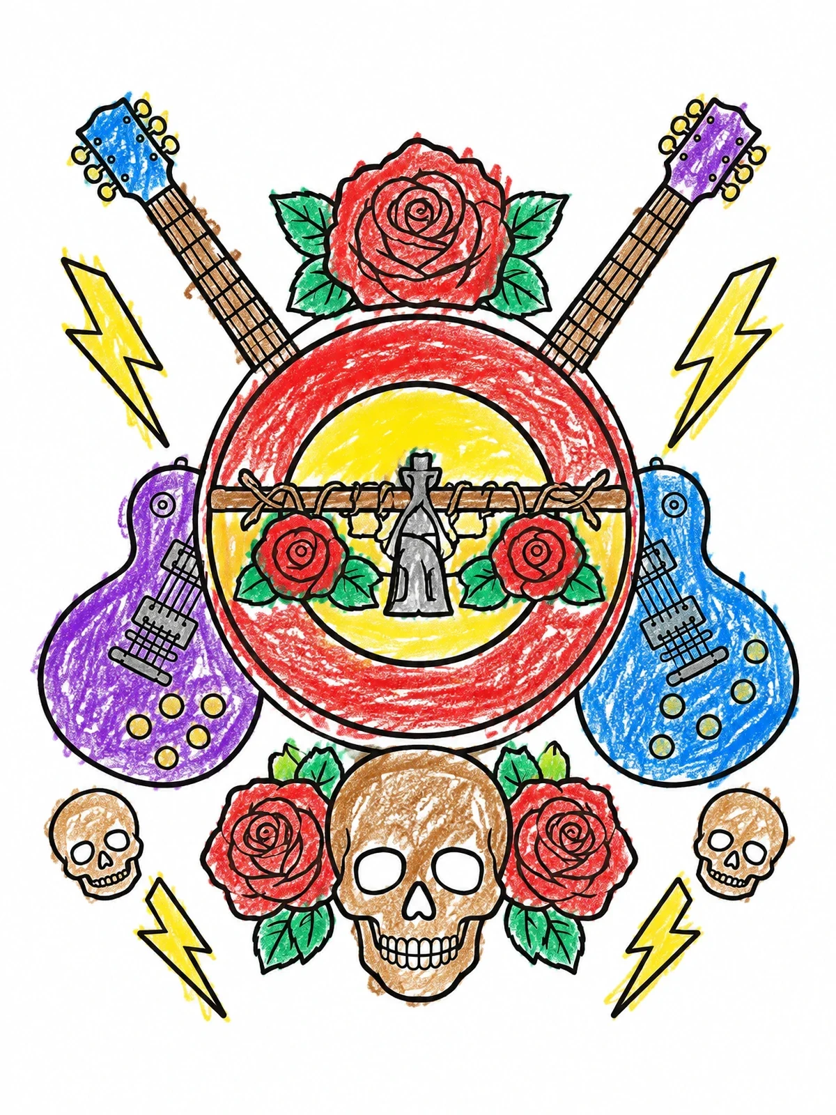 Colored example of the Rock Emblem With Guitars And Roses coloring page