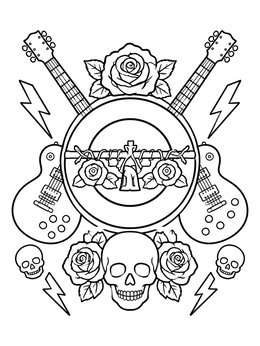 Free printable Rock Emblem With Guitars And Roses coloring page