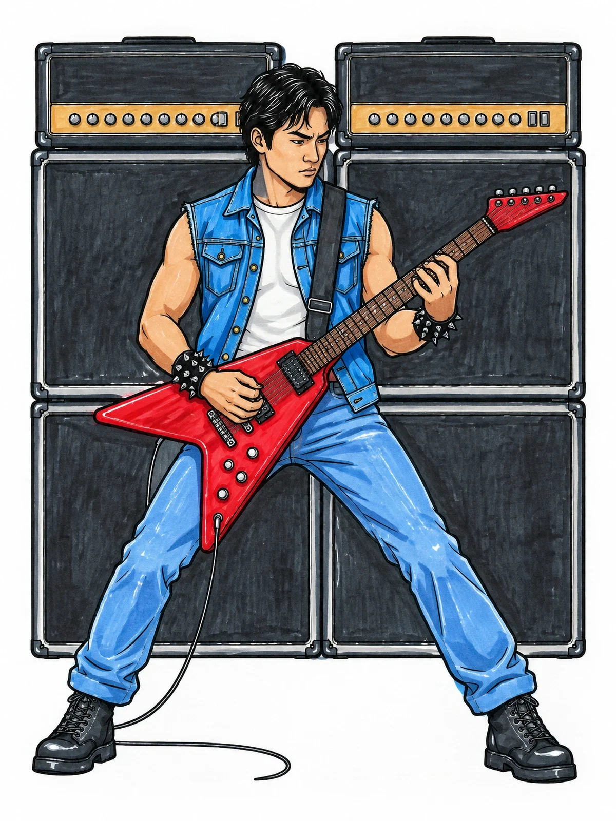 Colored example of the Rock Guitarist With Amplifier Stack coloring page