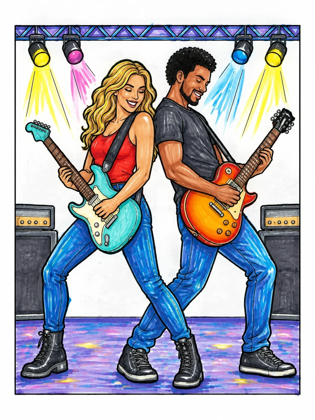 Colored example of the Rock Guitarists Back To Back On Stage coloring page