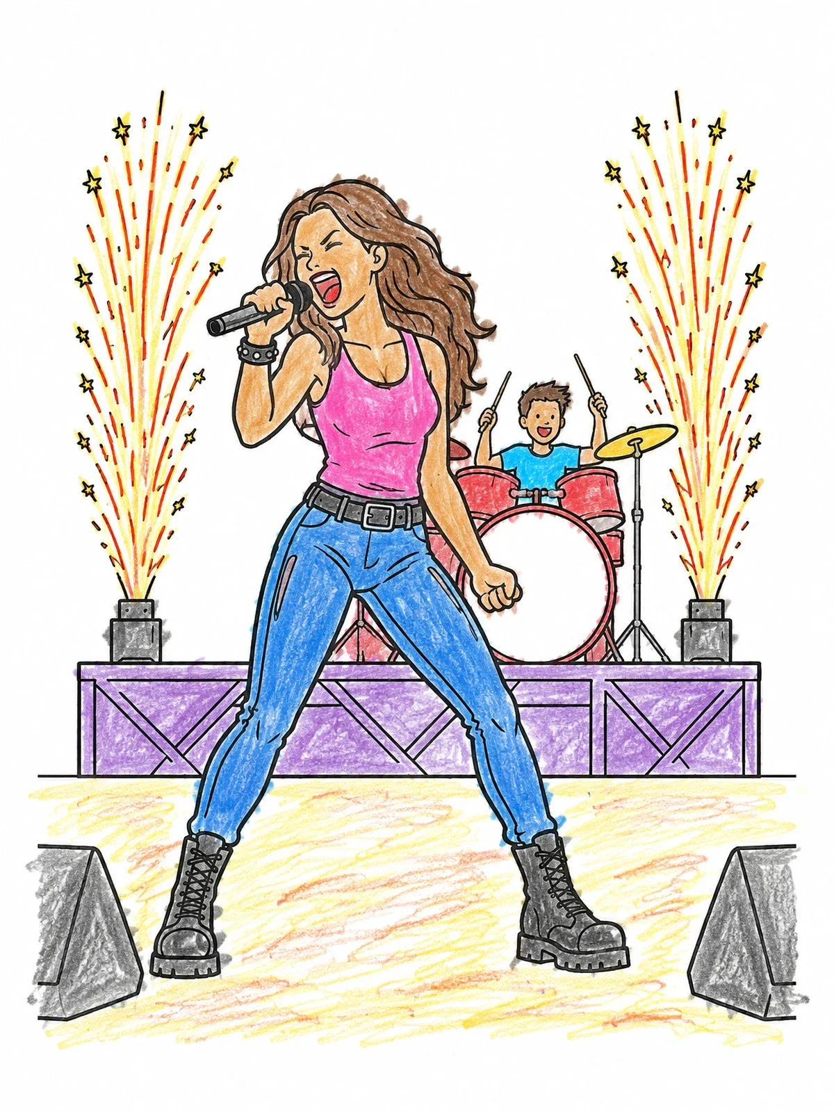 Colored example of the Rock Singer On Stage With Fireworks coloring page
