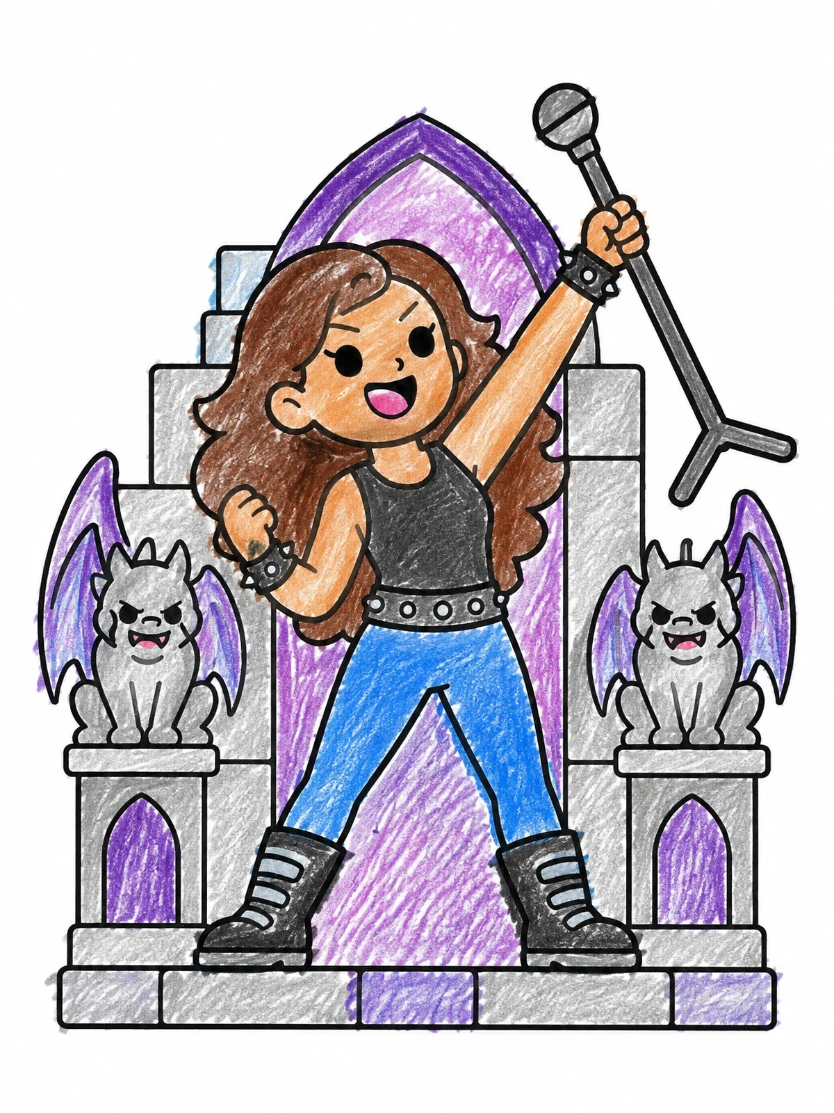 Colored example of the Rock Singer On Gothic Stage coloring page