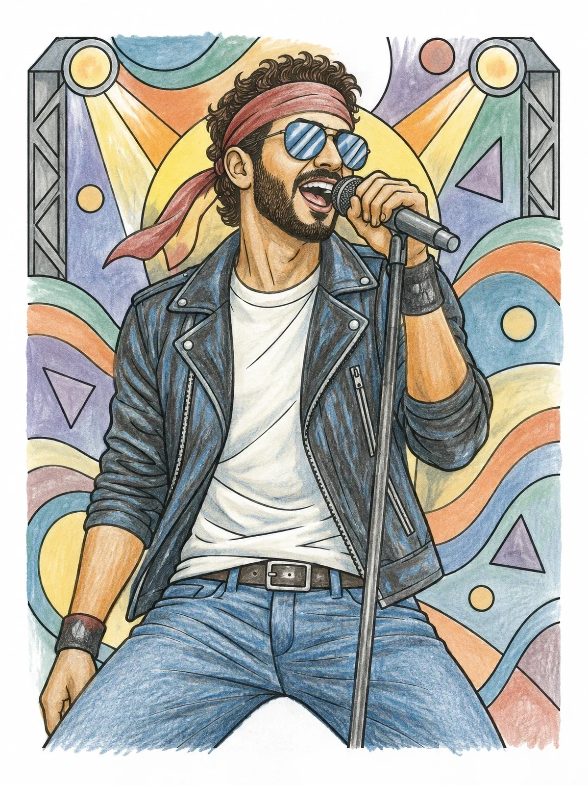 Colored example of the Rock Singer With Sunglasses On Stage coloring page