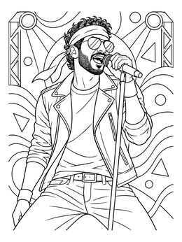 A rock vocalist performs onstage in this rock and roll coloring page.