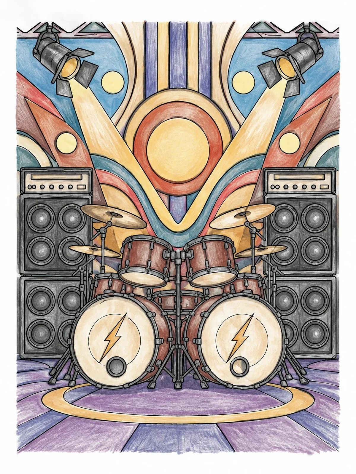Colored example of the Rock Stage Drum Kit And Amplifiers coloring page