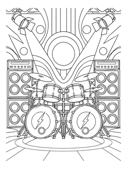 A double bass drum set on a concert stage in this rock and roll coloring page.