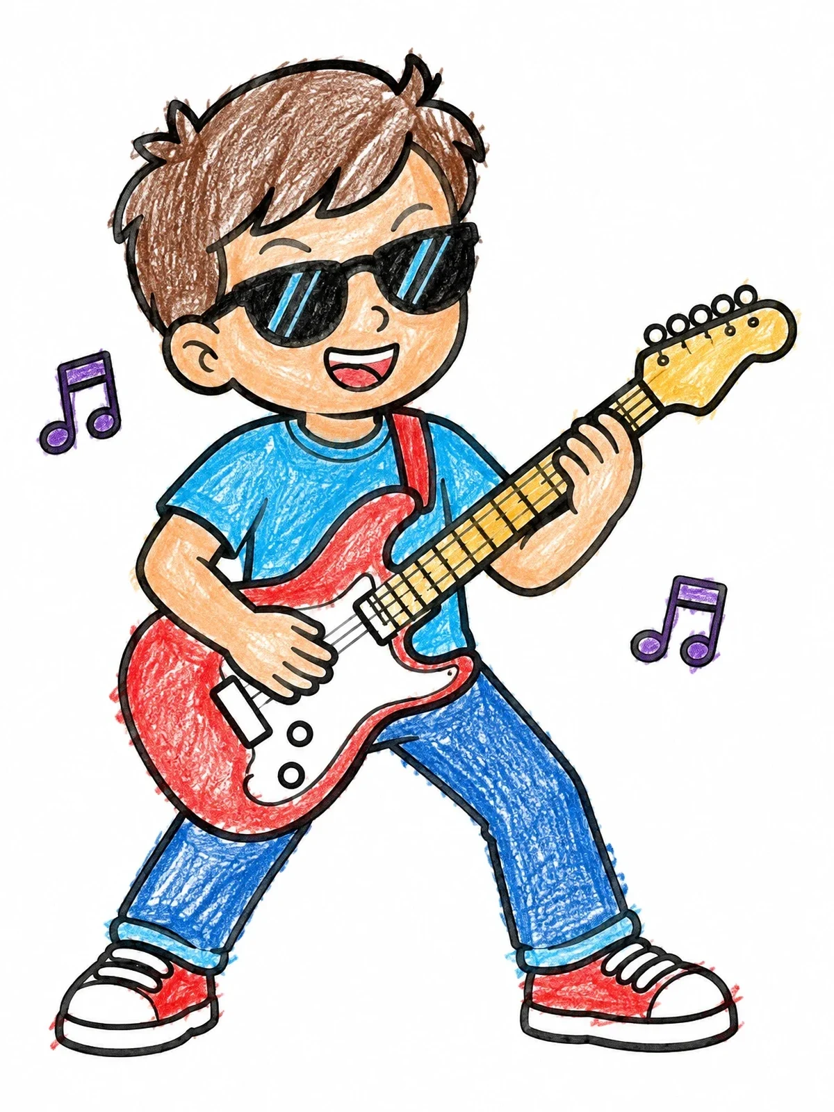 Colored example of the Cool Boy Playing Electric Guitar coloring page