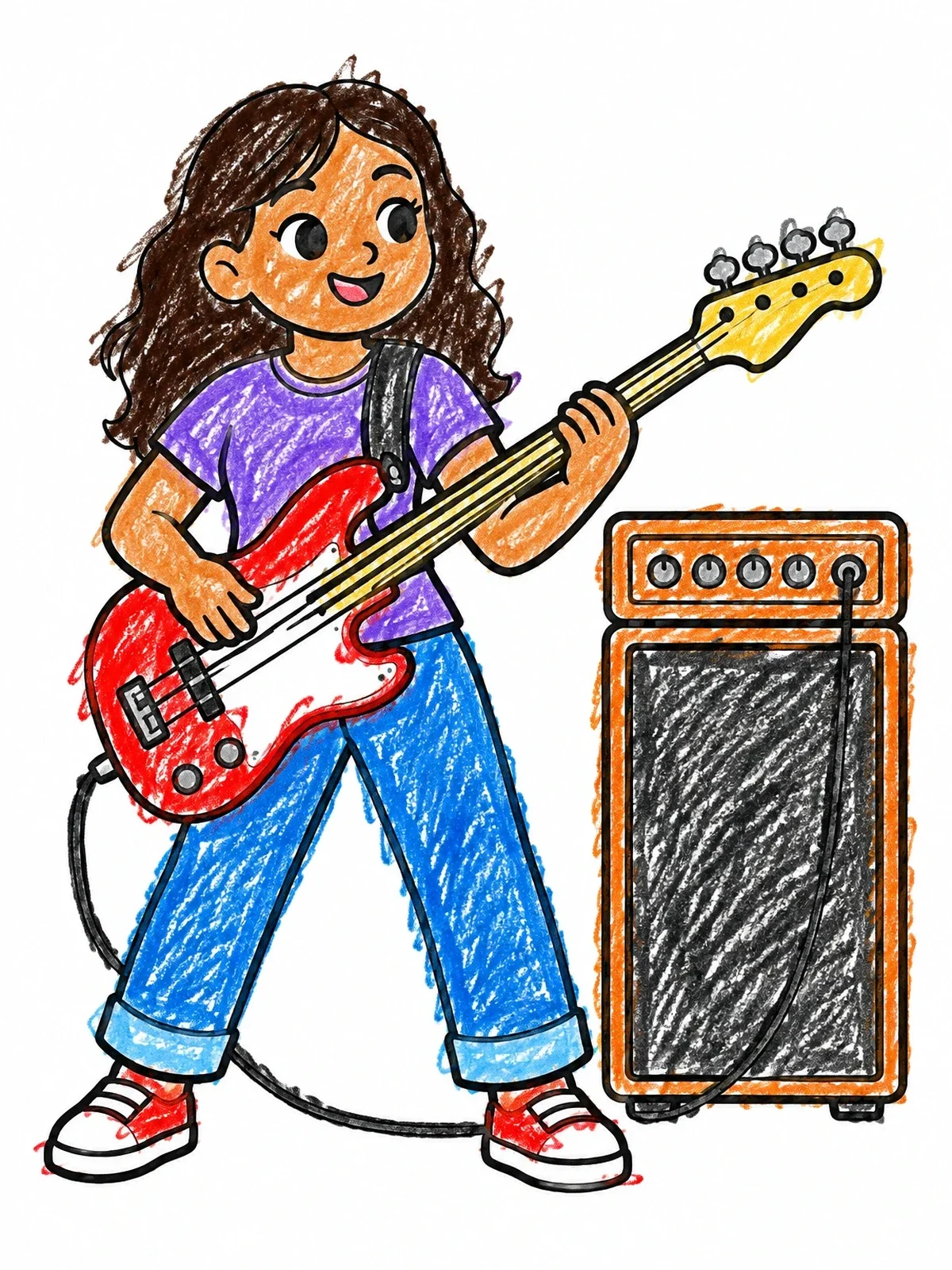 Colored example of the Cool Girl Playing Bass Guitar coloring page