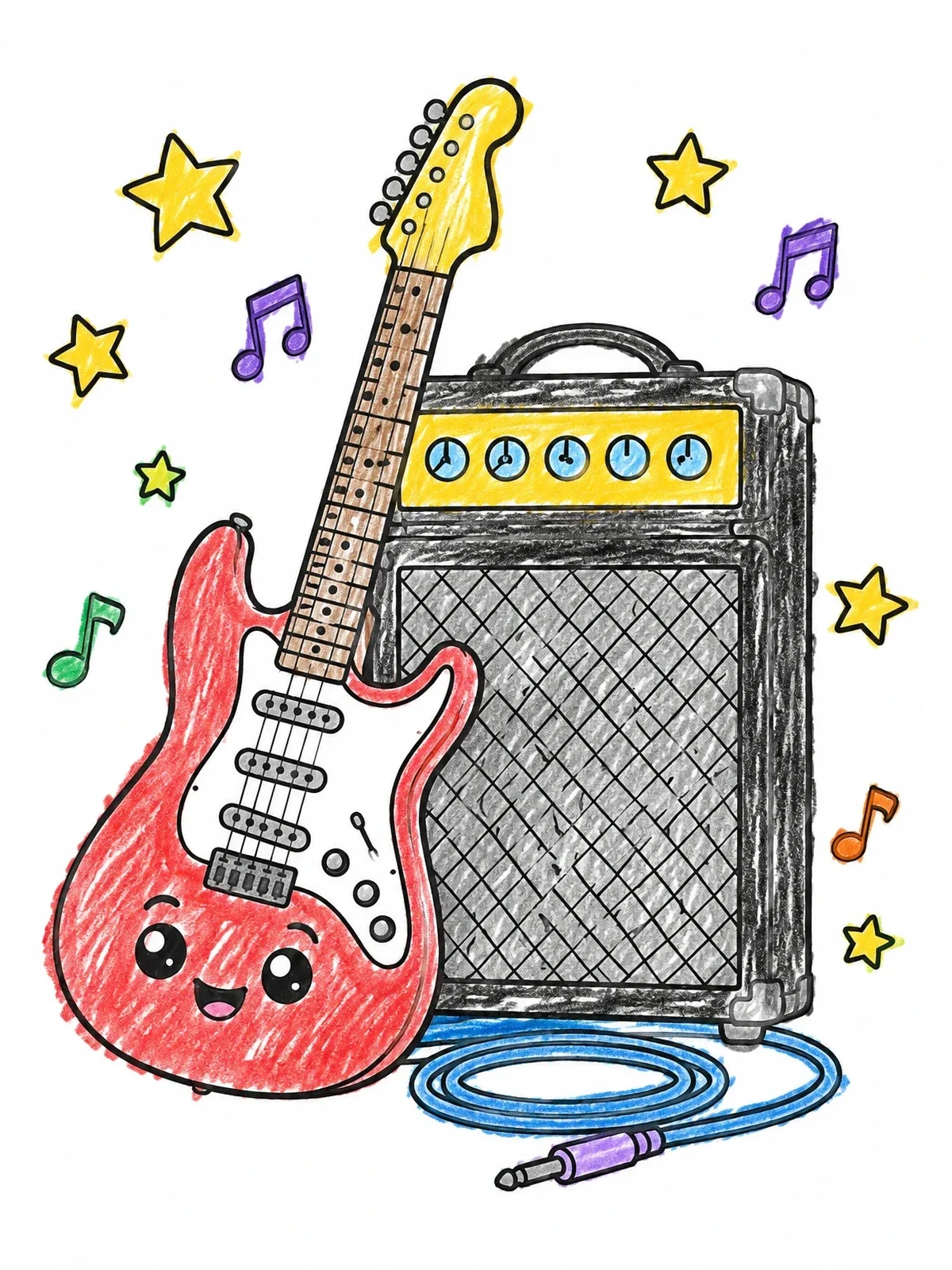 Colored example of the Cute Electric Guitar And Amplifier coloring page