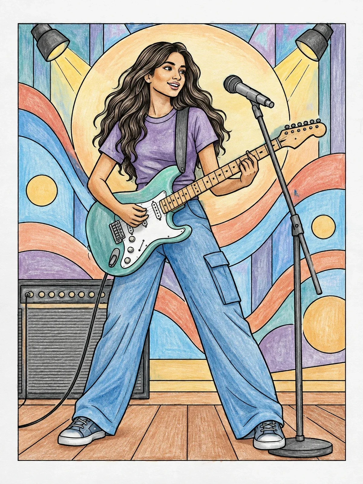 Colored example of the Rock Star Girl With Electric Guitar coloring page