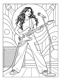 A confident rock star girl performs on stage in this girl power coloring page.