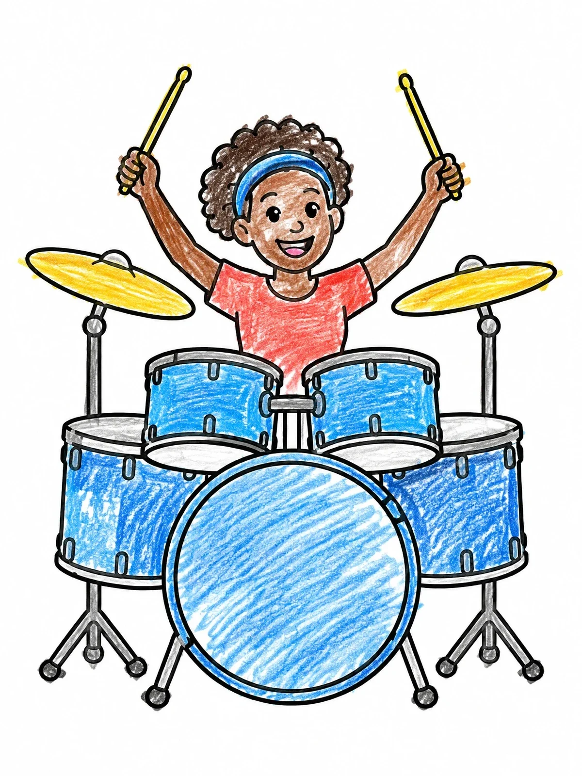 Colored example of the Happy Kid Playing The Drums coloring page
