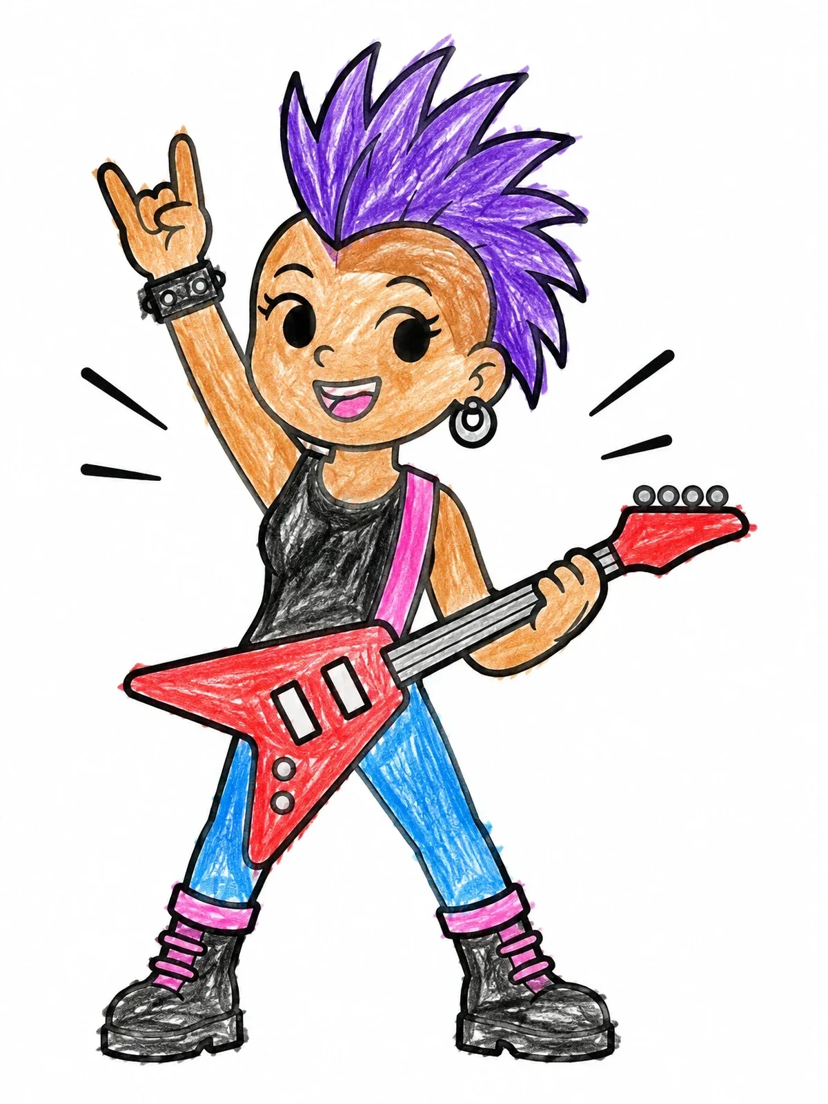 Colored example of the Rock Star With Mohawk And Guitar coloring page