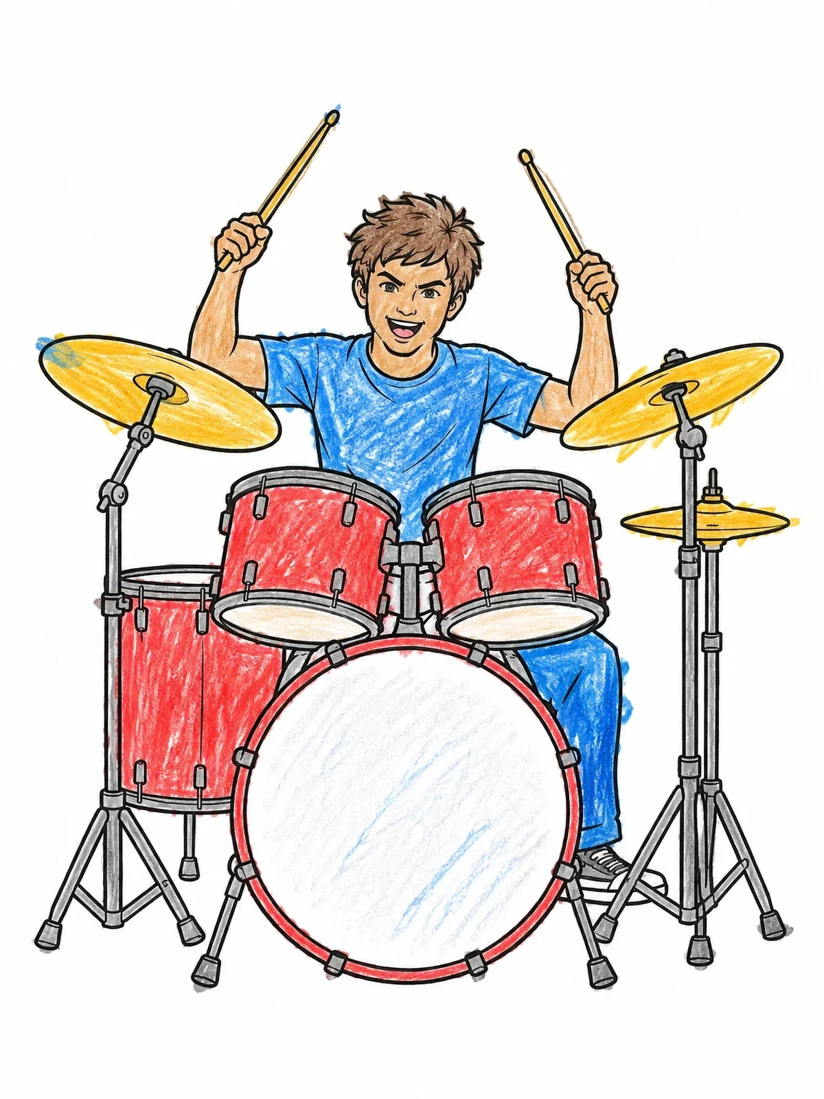 Colored example of the Young Drummer Playing Full Drum Set coloring page