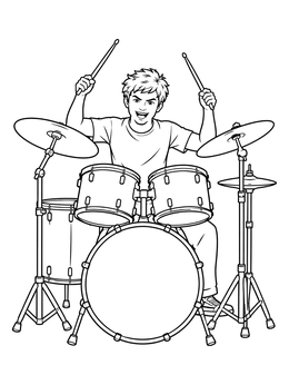 Free printable Young Drummer Playing Full Drum Set coloring page
