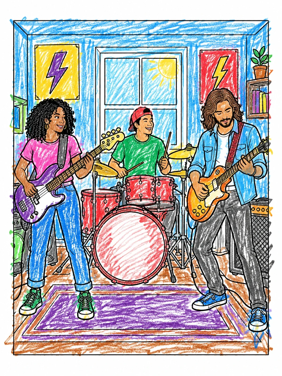 Colored example of the Rock Trio Rehearsal In Studio coloring page