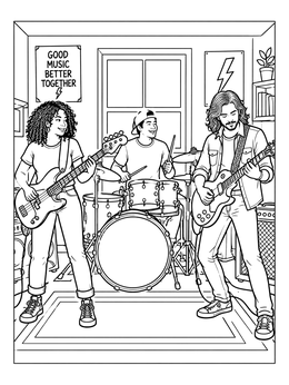 Free printable Rock Trio Rehearsal In Studio coloring page