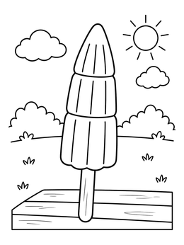 A rocket popsicle coloring page set outside on a wooden table on a sunny day.