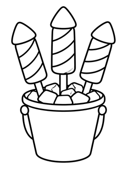 Three striped rocket pops stand in an ice bucket in this fun popsicle coloring page.