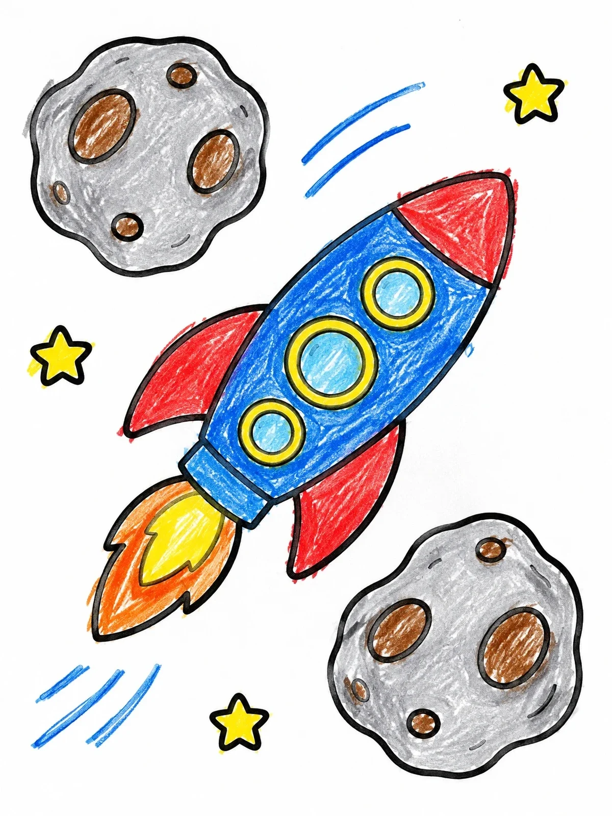 Colored example of the Rocket Ship Flying Past Asteroids coloring page
