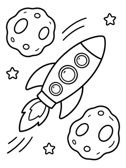 Free printable Rocket Ship Flying Past Asteroids coloring page