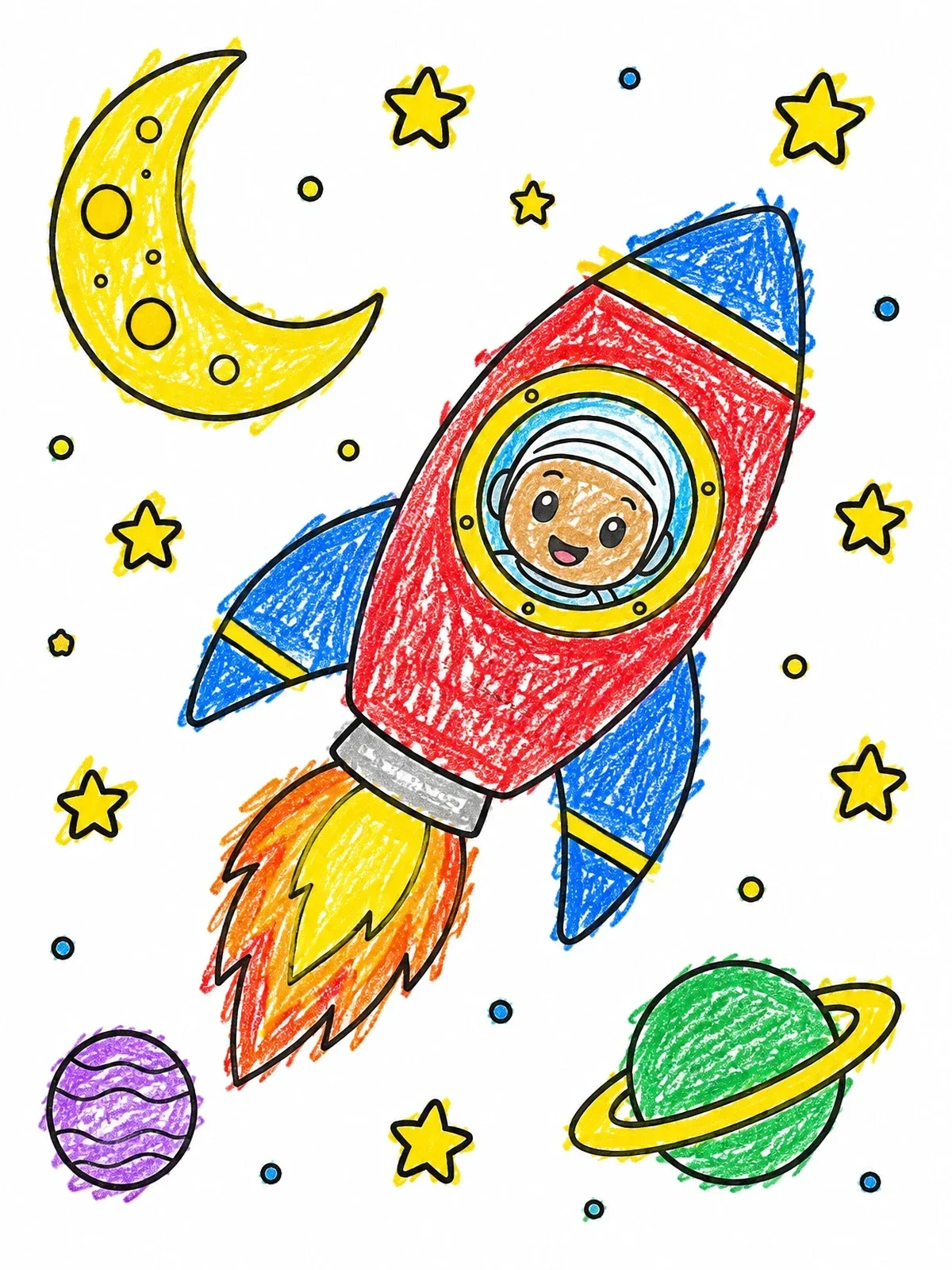 Colored example of the Rocket Ship Soaring Through Space coloring page