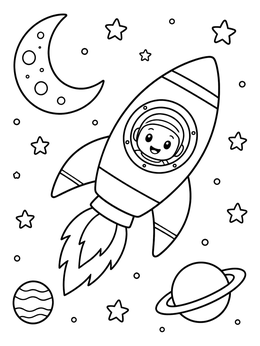Free printable Rocket Ship Soaring Through Space coloring page
