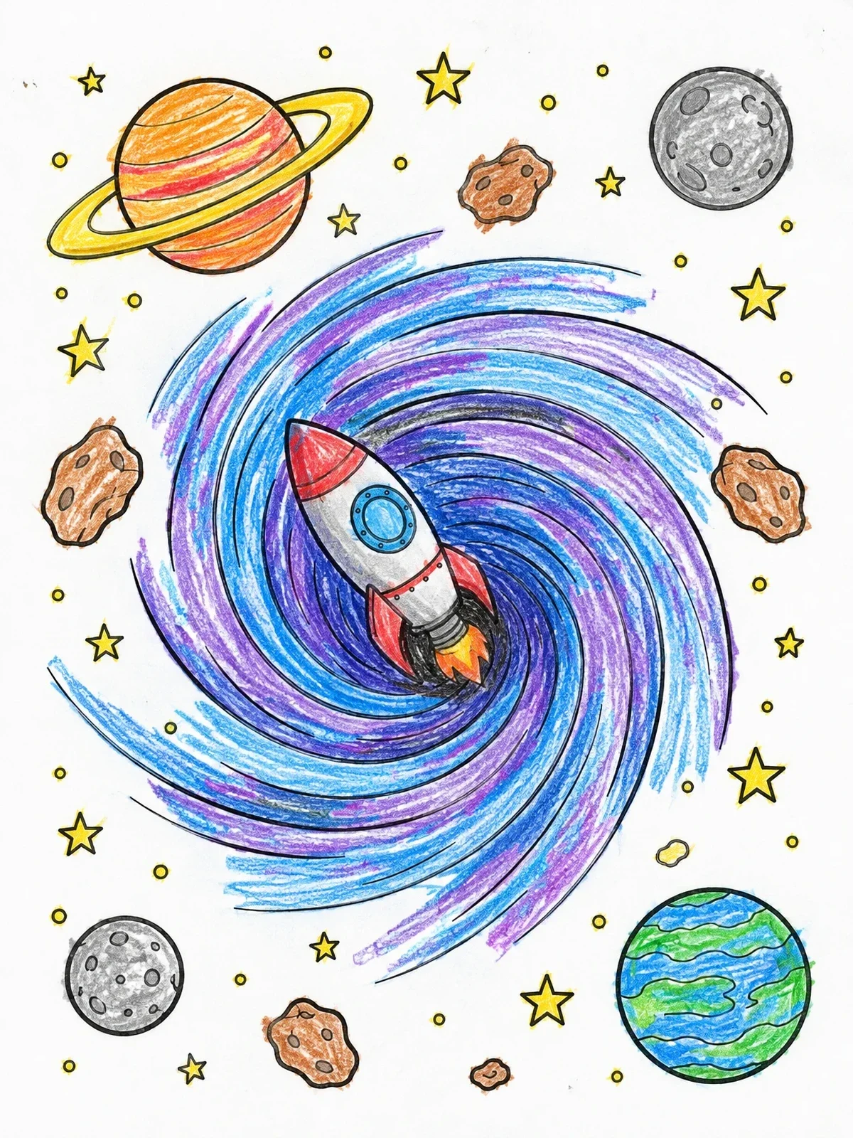 Colored example of the Rocket Spiraling Into A Cosmic Vortex coloring page