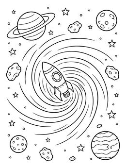 Free printable Rocket Spiraling Into A Cosmic Vortex coloring page