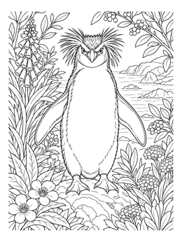 Detailed rockhopper penguin coloring page standing upright surrounded by coastal plants and flowers.