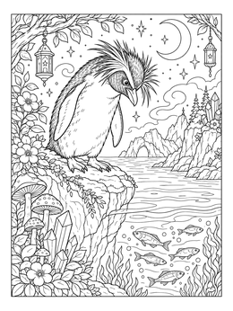 A detailed rockhopper penguin coloring page showing the bird peering down from a rocky cliff at swimming fish.