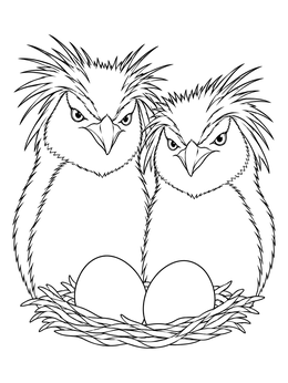 A rockhopper penguin coloring page showing a dedicated pair guarding two eggs in a nest.