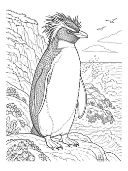 A detailed rockhopper penguin coloring page standing on coastal rocks by crashing ocean waves.