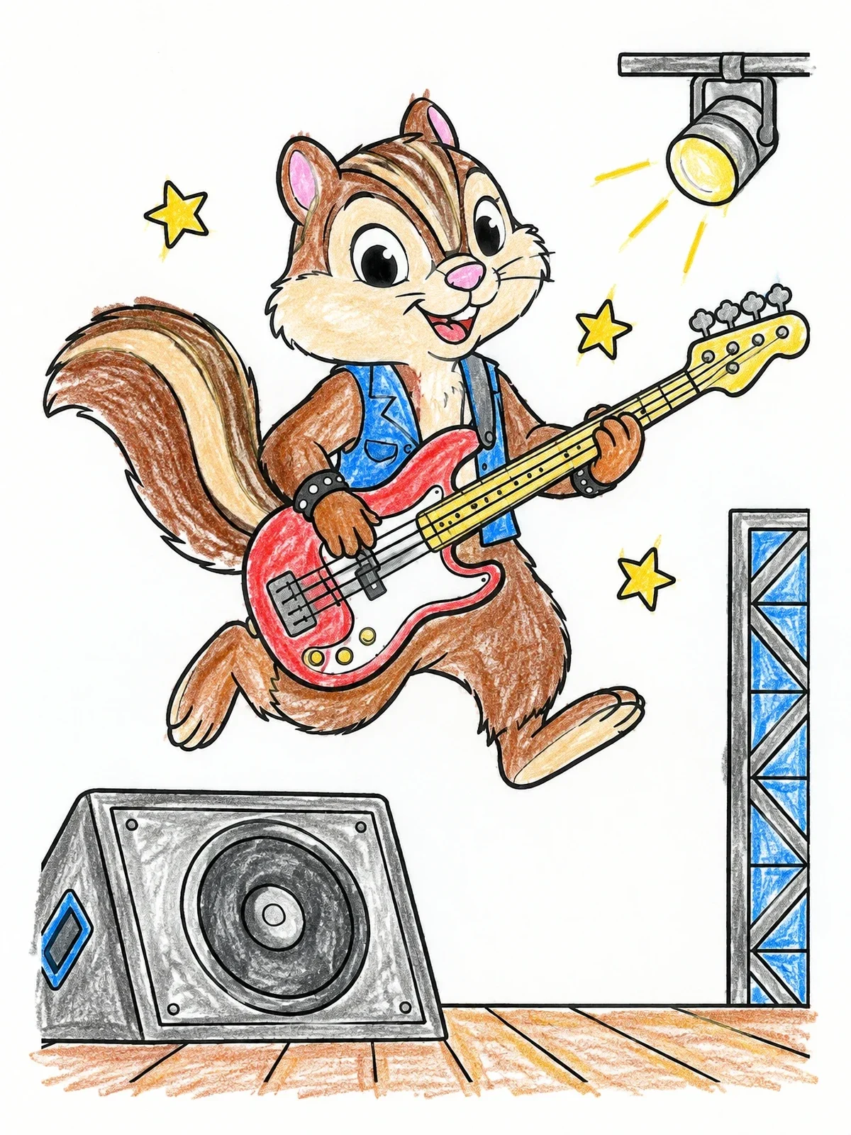 Colored example of the Rockstar Chipmunk Playing Electric Bass coloring page