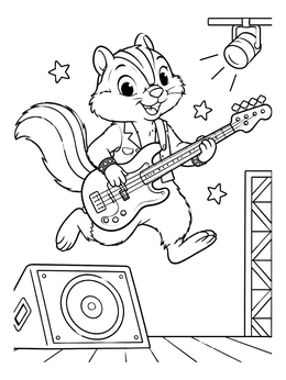 A rockstar chipmunk coloring page showing the animal leaping on stage with a bass guitar.