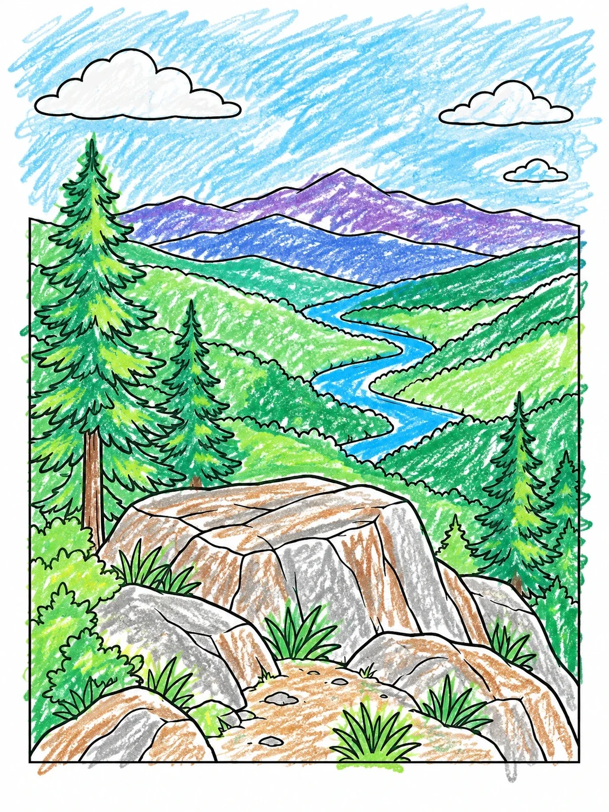 Colored example of the Rocky Summit Overlooking Forest Valley coloring page