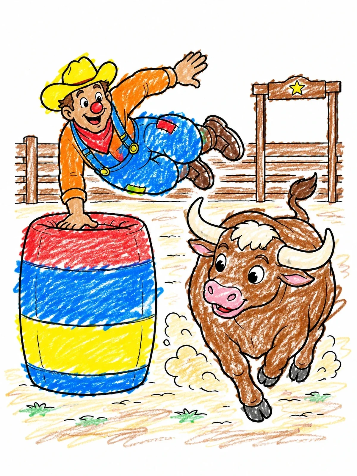 Colored example of the Rodeo Clown And Charging Bull coloring page