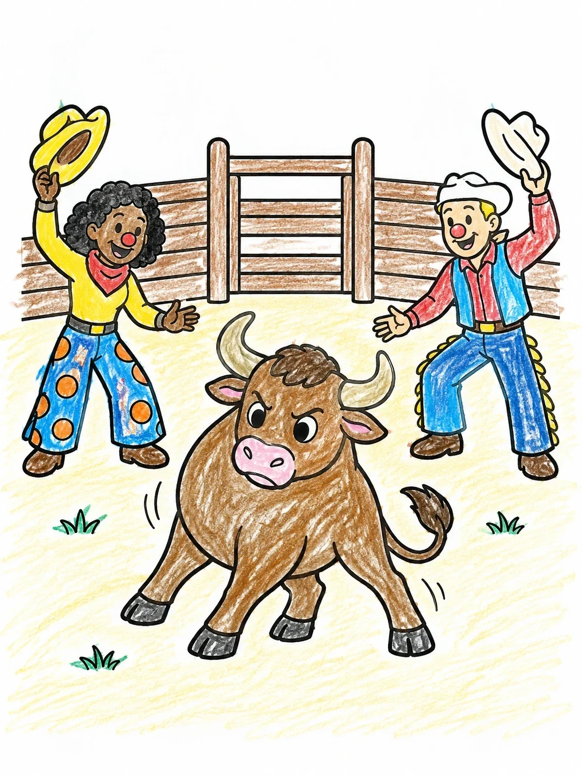 Colored example of the Rodeo Clowns And Bull In Arena coloring page